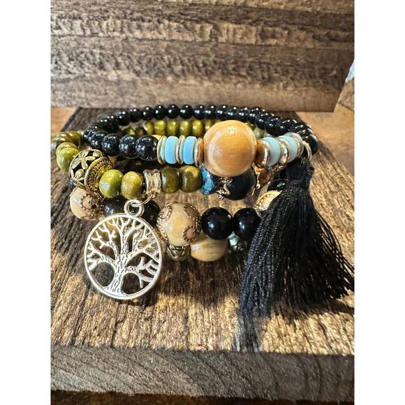 Boho Hippie Bracelet, Tassel Tree Of Life Pendant Stacked Wooden Bead Stretch B - Picture 2 of 8